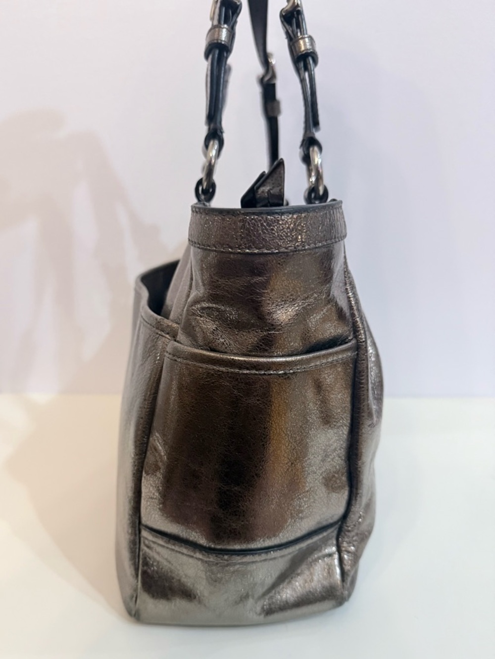 Coach Gallery F17721 Metallic Silver Leather Medium East West Tote Shoulder Bag - Picture 3 of 10